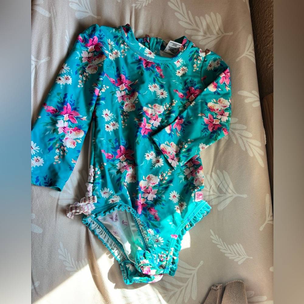 Rufflebutts Teal Floral Long-Sleeve Swimsuit with Pink & White Flowers